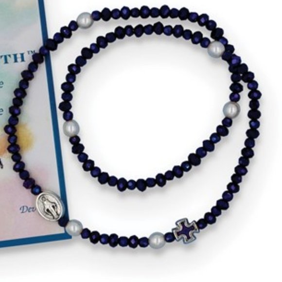 Purple Glass and Imitation Pearl Beads Twist of Faith Rosary Stretch Bracelet - Picture 2 of 3
